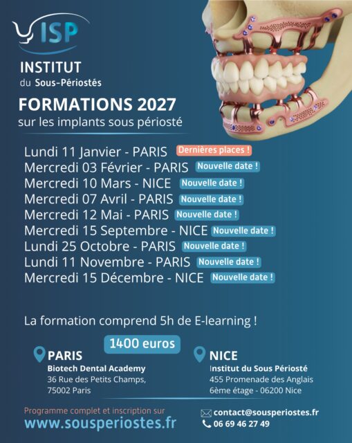 ✨ FORMATIONS 2027 – Implants Sous-Périostés ✨
Les inscriptions sont officiellement ouvertes… et les places sont très limitées ! 🔥

Rejoignez une formation unique mêlant :
🔹 E-learning pour maîtriser les fondamentaux
🔹 Travaux pratiques intensifs
🔹 Analyse de cas réels
🔹 Interaction directe et discussions de cas cliniques

📍 Paris & Nice
🗓️ Plusieurs dates

🚀 Boostez votre pratique chirurgicale et posez votre 1er HUG avec confiance.

👉 Programme complet & inscriptions : www.sousperiostes.fr
(Lien en bio)

#implantologie #formationdentaire #sousperiosté #chirurgiedentaire #dentiste